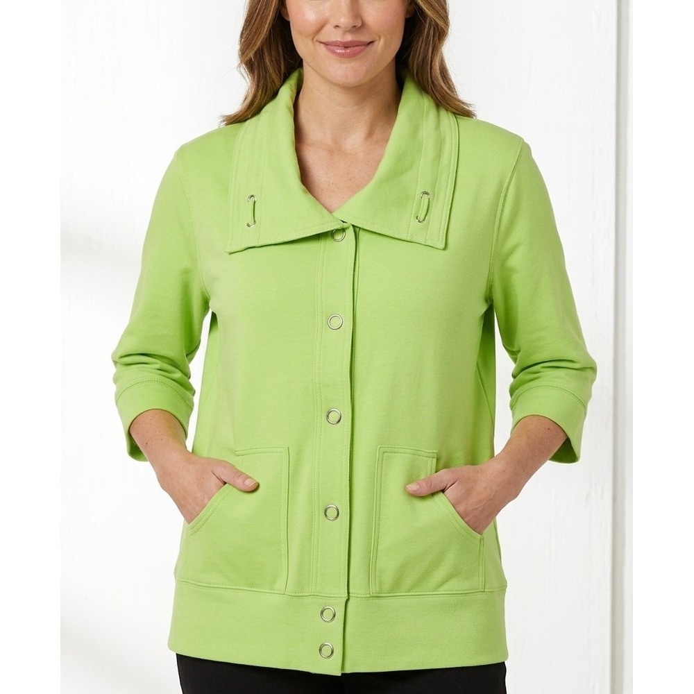 Good Fortune Women's Cardigan Green Lime Cotton Blend XL Snap Pocket 3/4 Sleeve